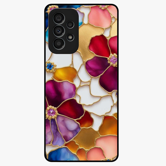 Marble Flower Pattern Glass Case showing flat back view with marble texture floral artwork and glossy glass finish.