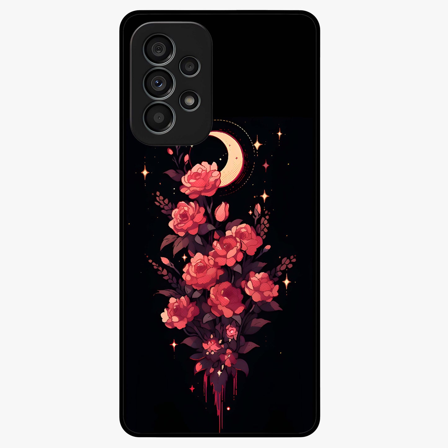 Moonlit Floral Elegance Glass Case showing flat back view with elegant floral artwork under moonlit tones and glossy glass finish.