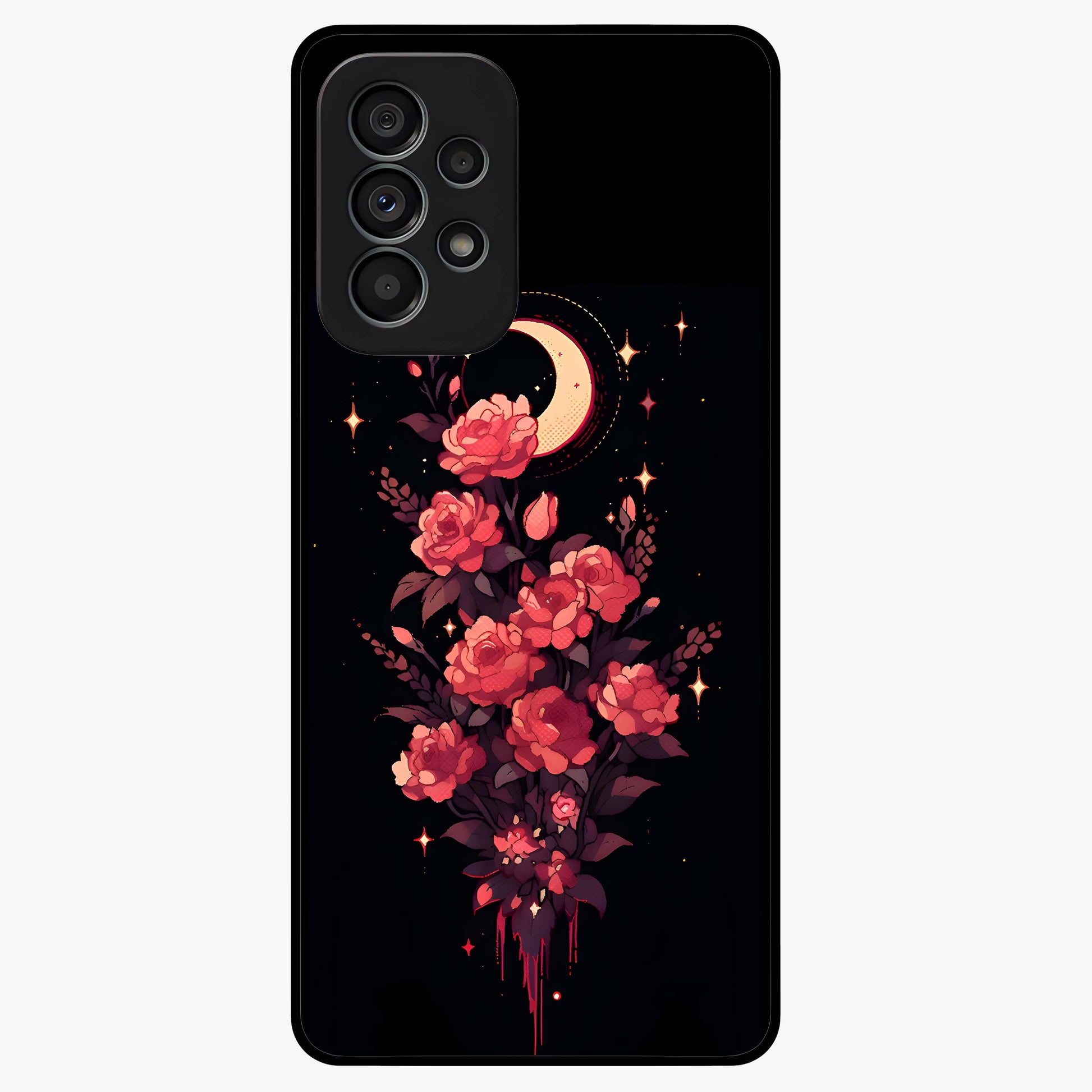 Moonlit Floral Elegance Glass Case showing flat back view with elegant floral artwork under moonlit tones and glossy glass finish.