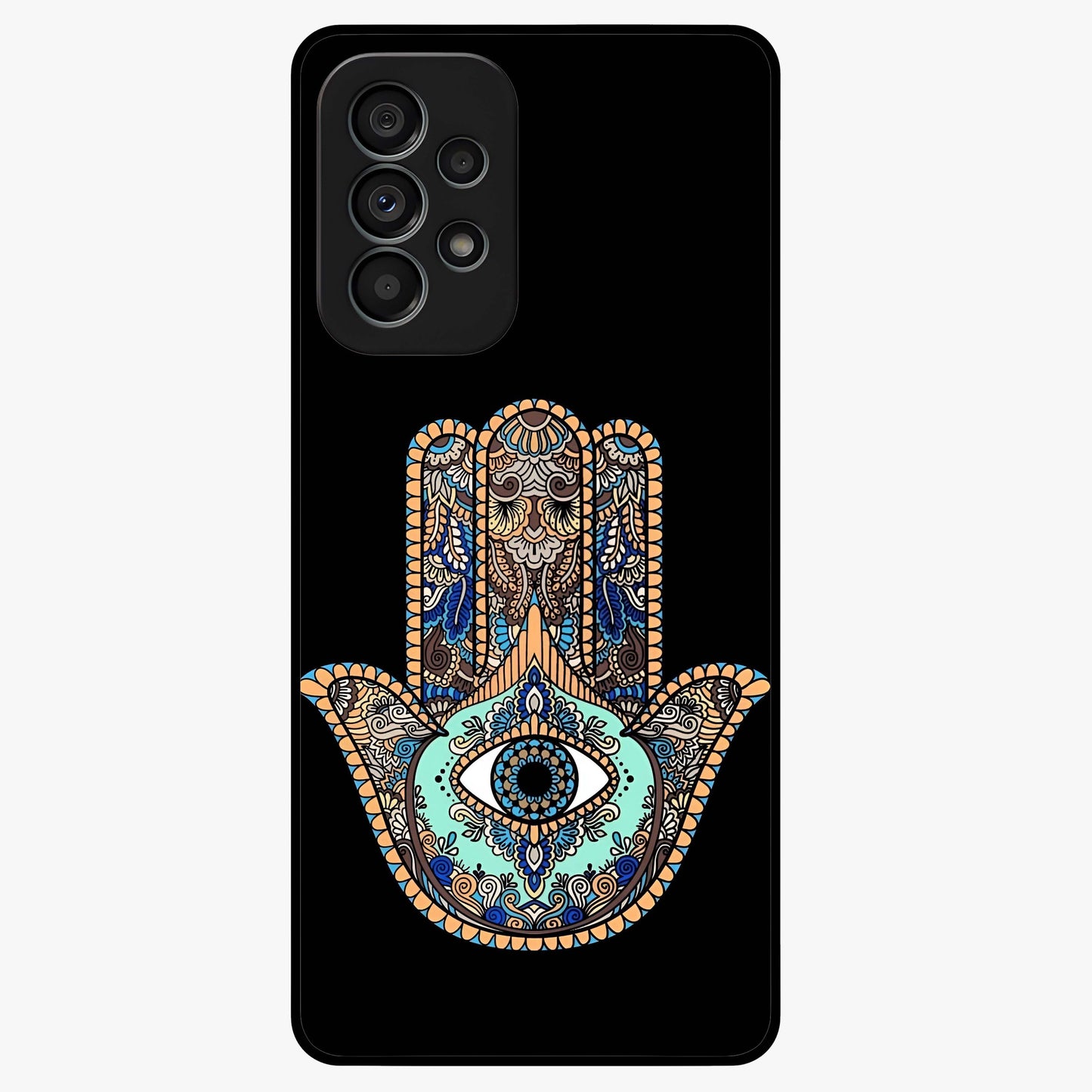 Mystic Hamsa Eye Glass Case showing flat back view with protective hamsa hand and evil eye artwork and glossy glass finish.