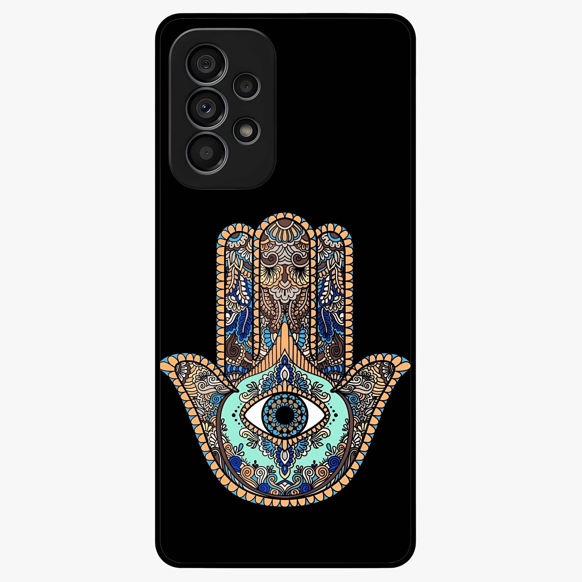 Mystic Hamsa Eye Glass Case showing flat back view with protective hamsa hand and evil eye artwork and glossy glass finish.