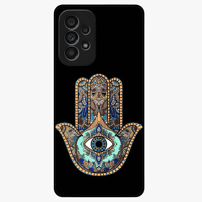 Mystic Hamsa Eye Glass Case showing flat back view with protective hamsa hand and evil eye artwork and glossy glass finish.
