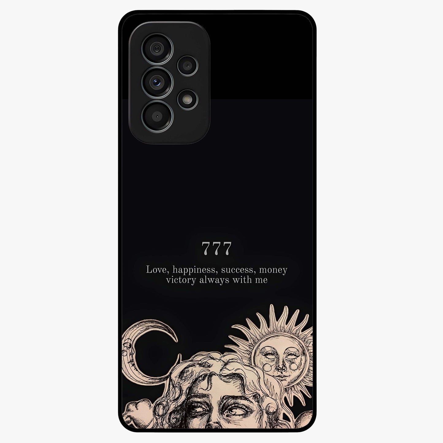 Mystic Victory Aura Glass Case showing flat back view with victory symbol artwork and glossy glass finish.
