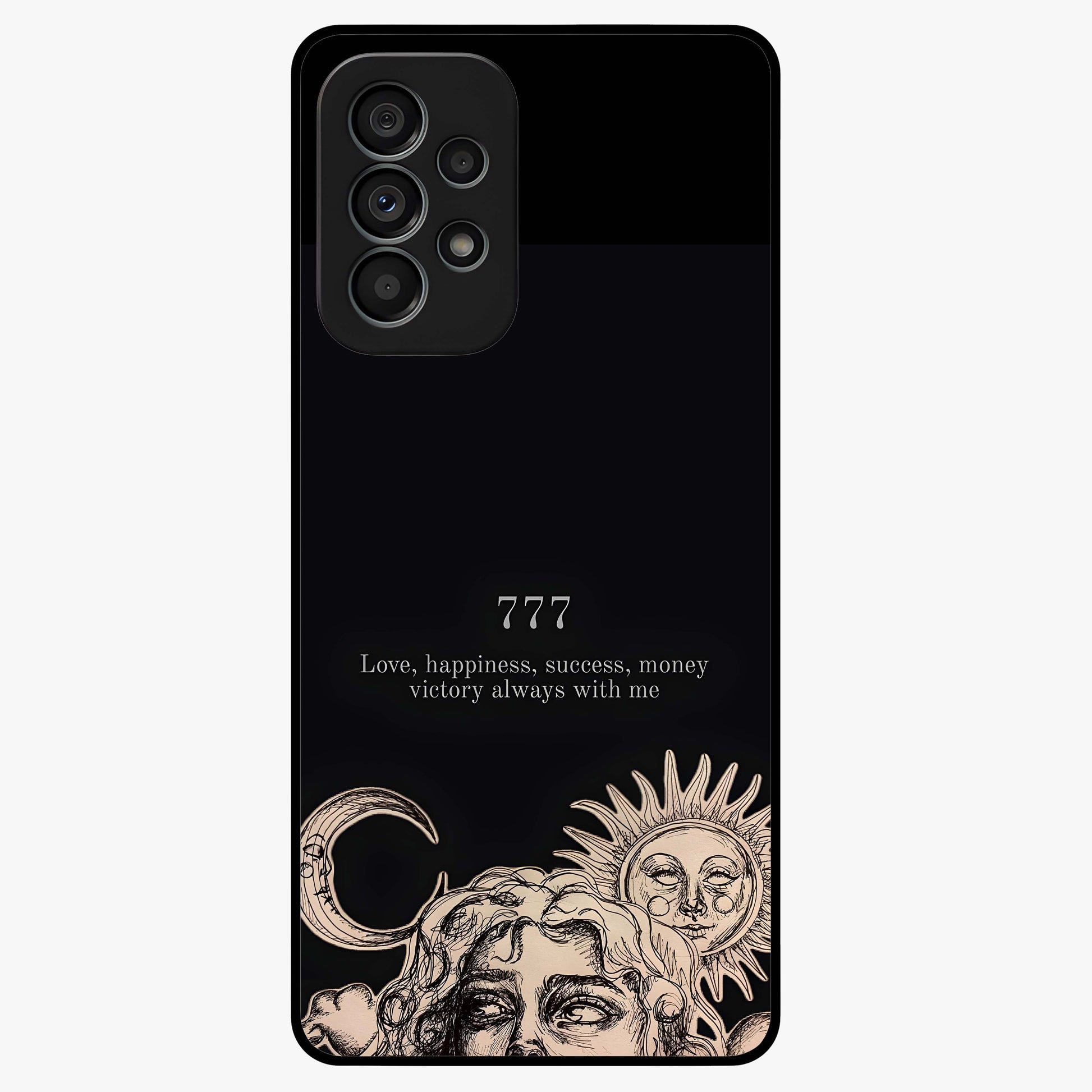 Mystic Victory Aura Glass Case showing flat back view with victory symbol artwork and glossy glass finish.