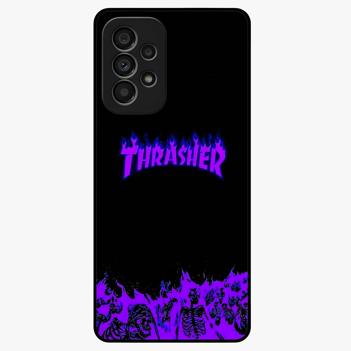 Neon Flame Riot Glass Case showing flat back view with neon flame artwork and glossy glass finish.