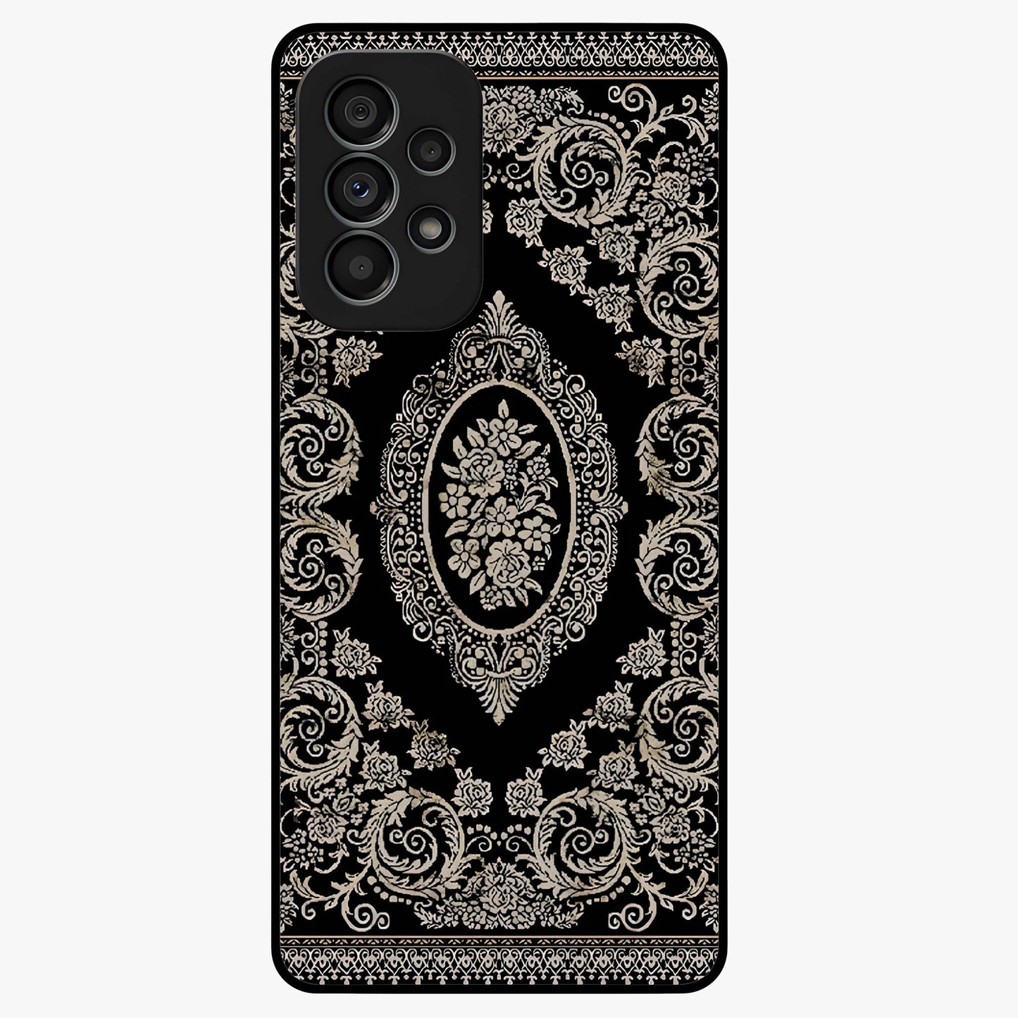 Noir Bloom Elegance Glass Case showing flat back view with elegant dark floral artwork and glossy glass finish.