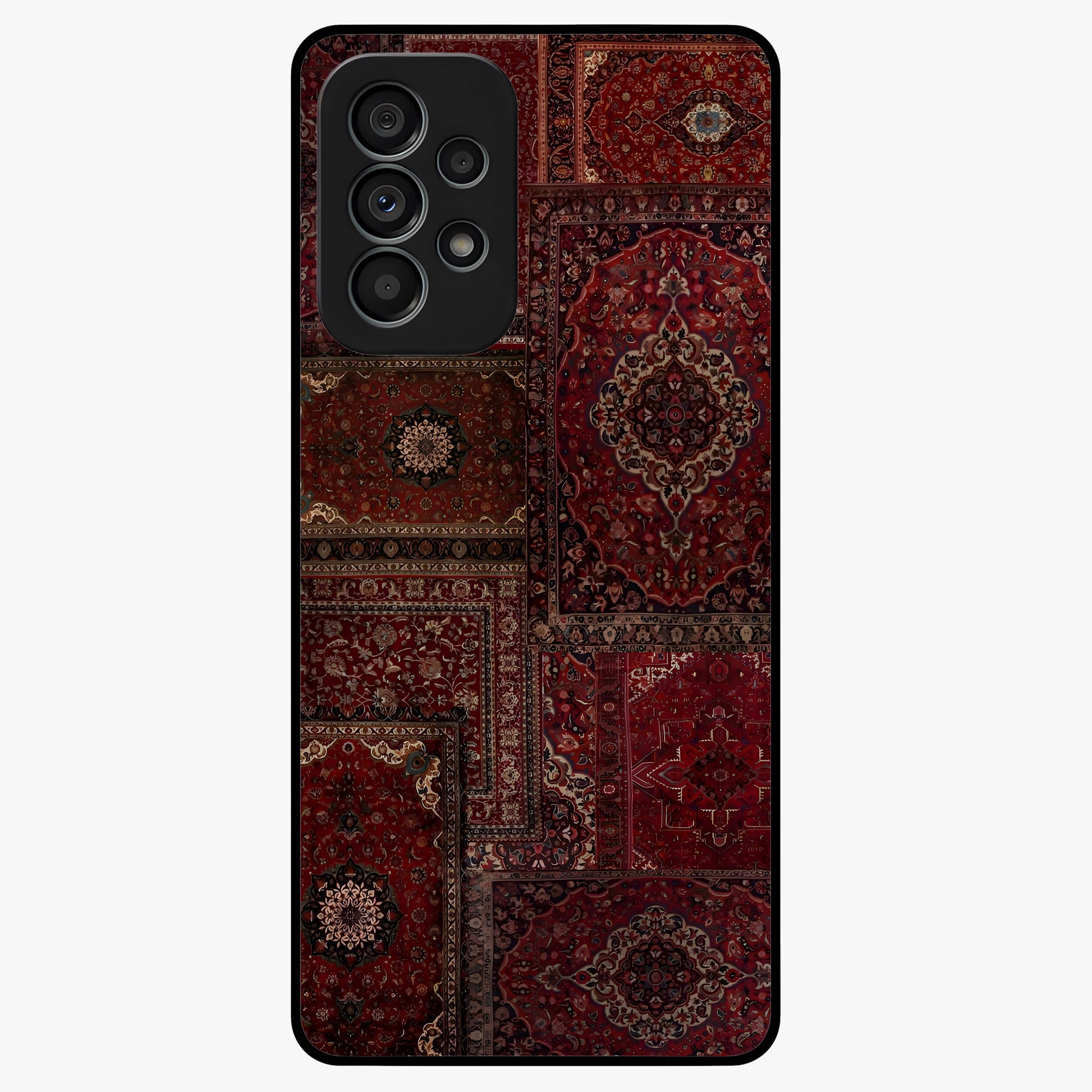 Persian Velvet Tale Glass Case showing flat back view with luxurious Persian velvet pattern artwork and glossy glass finish.