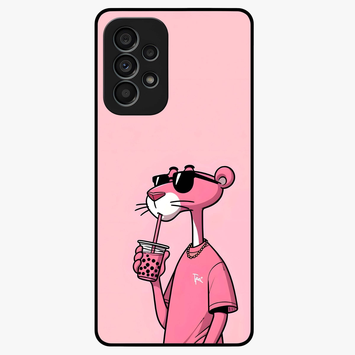 Pink Panther Glass Case showing flat back view with iconic pink panther artwork and glossy glass finish.