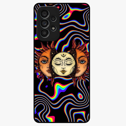 Psychedelic Sun Glass Case showing flat back view with colorful psychedelic sun artwork and glossy glass finish.