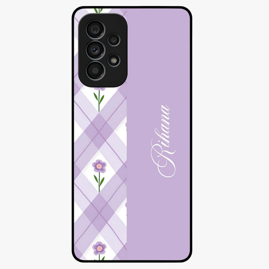 Purple Diamond Floral Glass Case showing flat back view with diamond shaped floral artwork and glossy glass finish.
