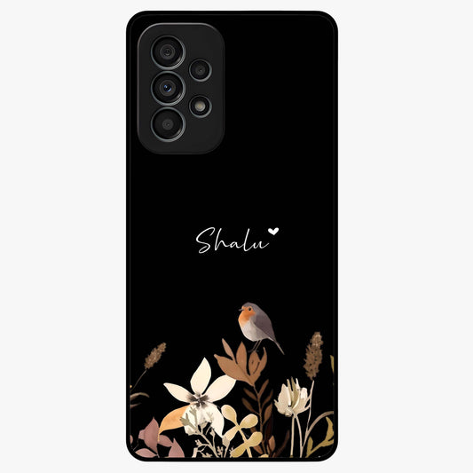 Quiet Garden Tune Custom Name Glass Case showing flat back view with peaceful garden artwork and personalized name design.