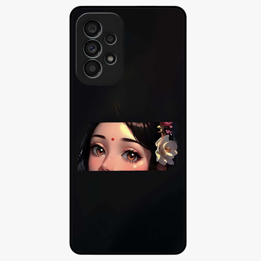Radha Divine Embrace Glass Case showing flat back view with devotional Radha artwork and glossy glass finish.