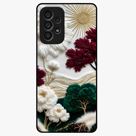 Radiant Bloom Elegance Glass Case showing flat back view with elegant blooming flower artwork and glossy glass finish.