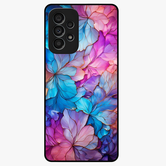 Radiant Floral Whirl Glass Case showing flat back view with swirling floral artwork and glossy glass finish.