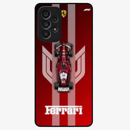 Red Ferrari F1 Vertical Glass Case showing flat back view with sleek Formula racing car artwork and glossy glass finish.