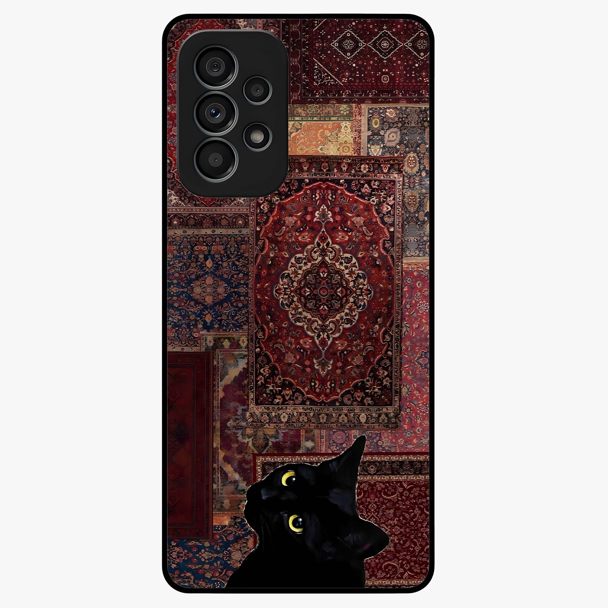 Regal Magic Cat Apple Glass Case showing flat back view with magical cat artwork holding apple and glossy glass finish.