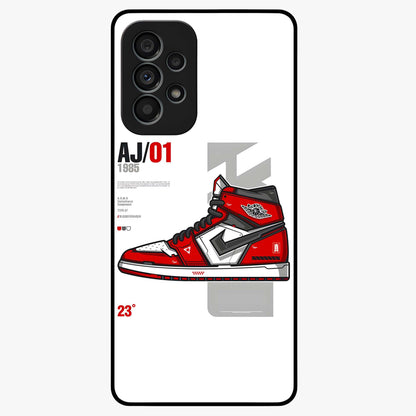 Retro Sneaker Blueprint Glass Case showing flat back view with sneaker blueprint style artwork and glossy glass finish.