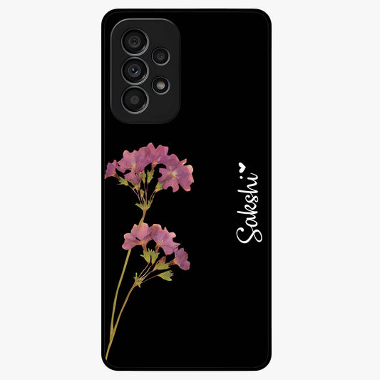 Riching Lavender Flower Custom Name Glass Case showing flat back view with lavender floral artwork and personalized name design.