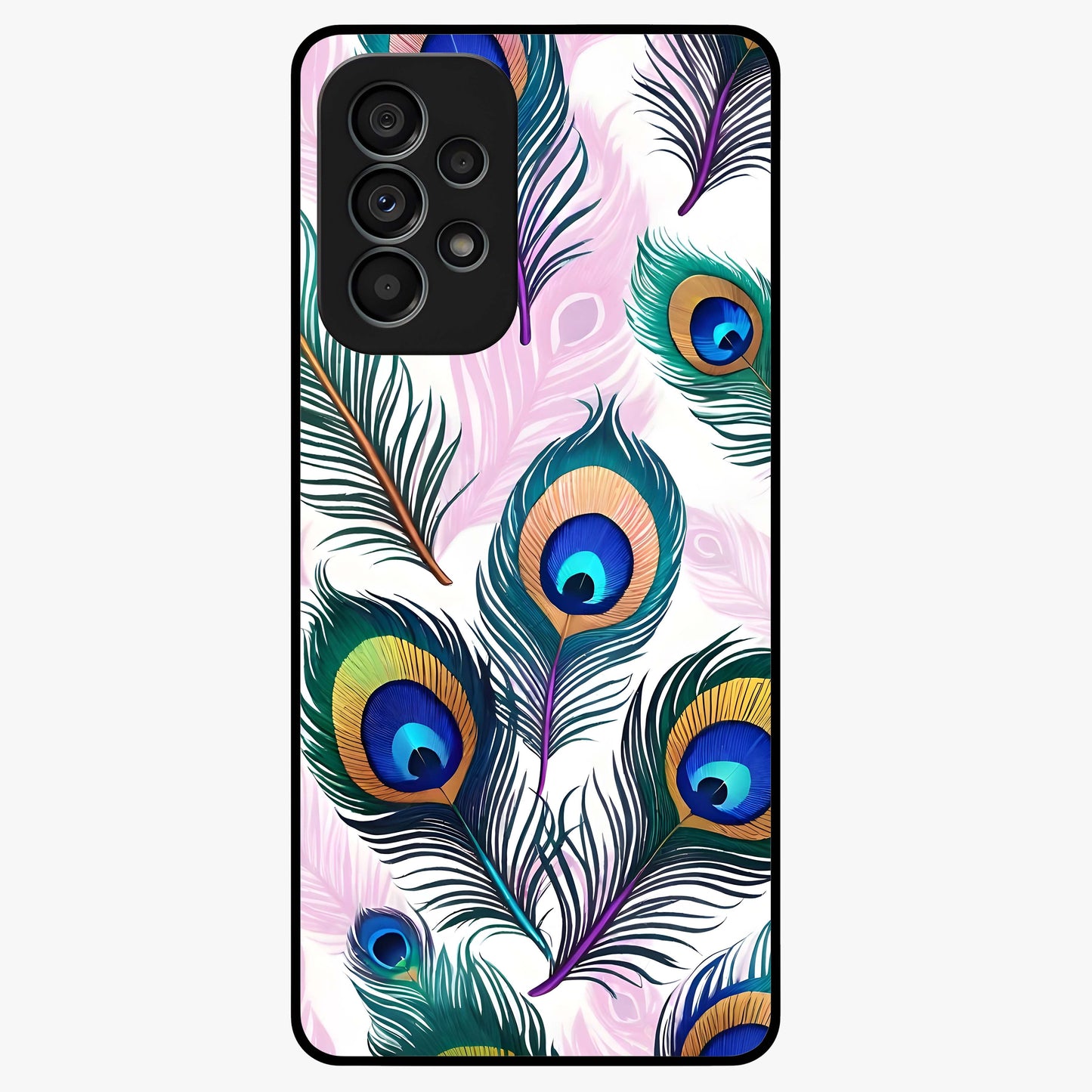 Royal Peacock Feathers Glass Case showing flat back view with colorful peacock feather artwork and glossy glass finish.