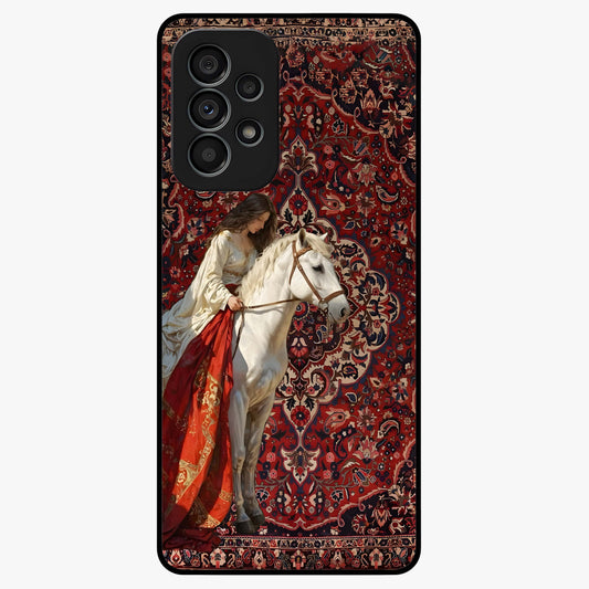 Royal Rider Tapestry Glass Case showing flat back view with majestic horse rider tapestry artwork and glossy glass finish.