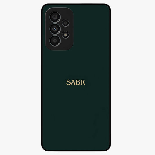 Sabr Minimal Patience Glass Case showing flat back view with minimalist typography artwork and glossy glass finish.
