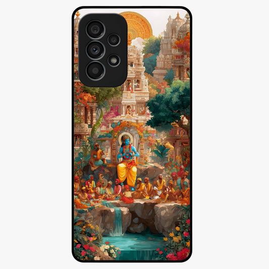 Sacred Sunlight Gods Glass Case showing flat back view with divine sunlight themed artwork and glossy glass finish.