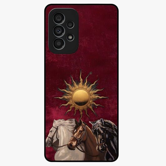 Solar Riders Glass Case showing flat back view with dynamic rider themed artwork and glossy glass finish.