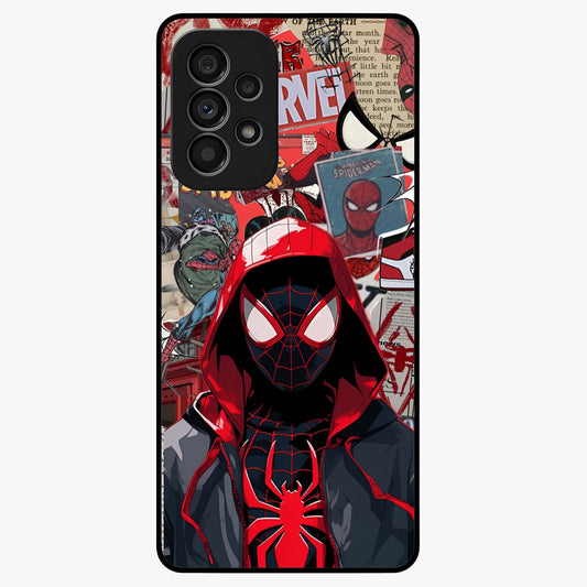 Spider Collage Street Glass Case showing flat back view with vibrant superhero collage artwork and glossy glass finish.