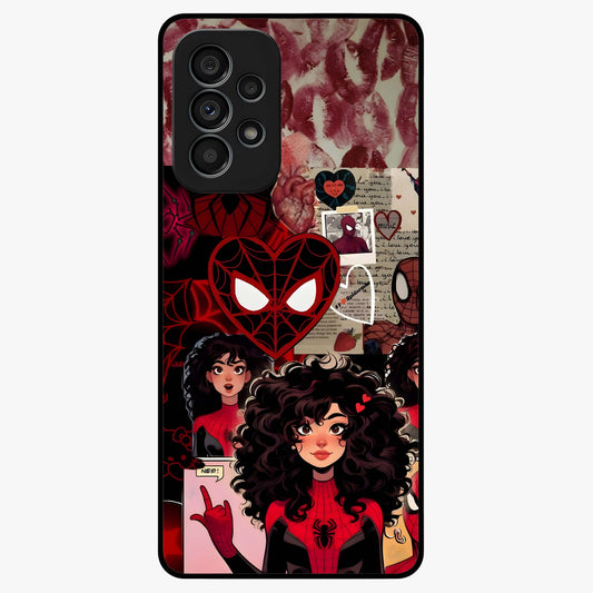 Spider Love Story Glass Case showing flat back view with romantic superhero themed artwork and glossy glass finish.