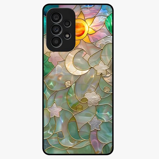 Stained Sunrise Glow Glass Case showing flat back view with glowing sunrise stained pattern artwork and glossy glass finish.