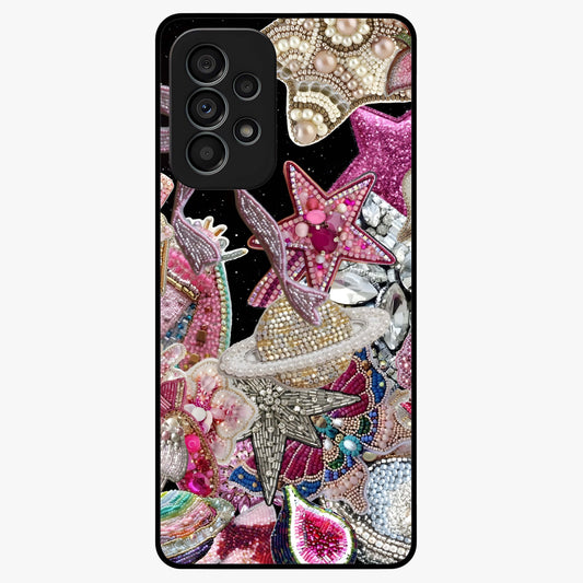 Starlit Jewel Dream Glass Case showing flat back view with sparkling jewel and star themed artwork and glossy glass finish.