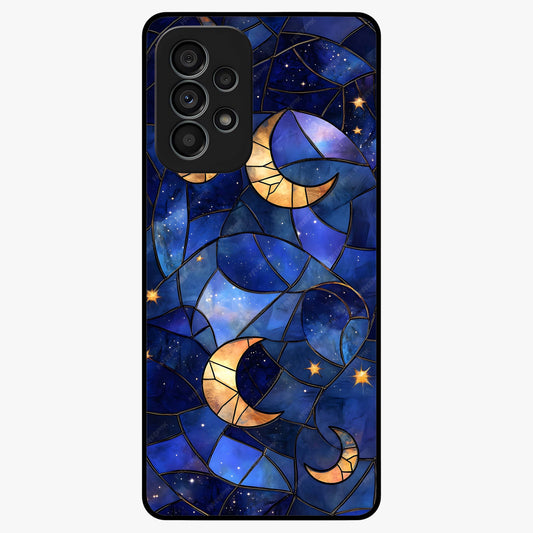 Starlit Sky Tapestry Glass Case showing flat back view with decorative starry sky tapestry artwork and glossy glass finish.