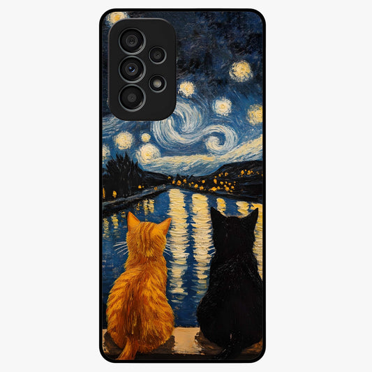 Starry River Cats Glass Case showing flat back view with cats by a starry river artwork and glossy glass finish.