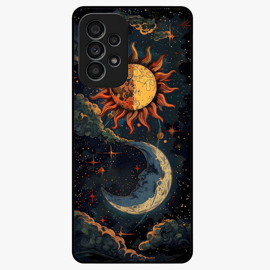 Sun And Moon Magic Design Glass Case showing flat back view with mystical sun and moon artwork and glossy glass finish.