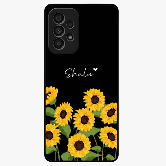 Sunflower Chic Mood Custom Name Glass Case showing flat back view with stylish sunflower artwork and personalized name design.