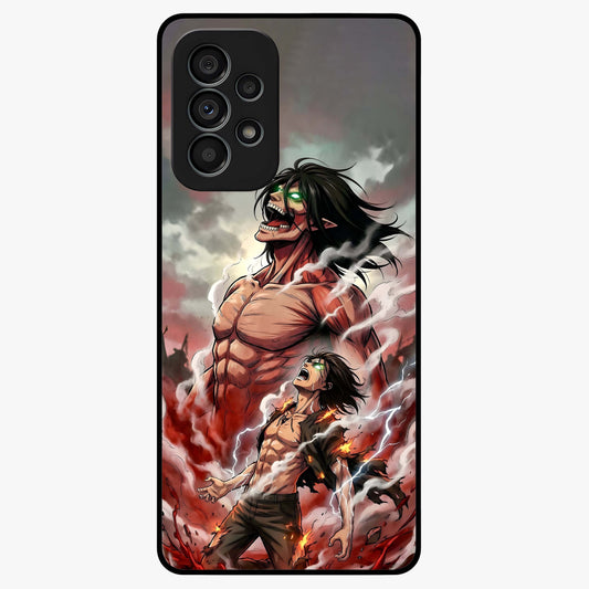 Titan Awakening Fury Glass Case showing flat back view with powerful titan inspired artwork and glossy glass finish.