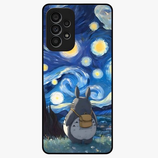 Totoro In Van Gogh Art Glass Case showing flat back view with whimsical character artwork inspired by Van Gogh style and glossy glass finish.