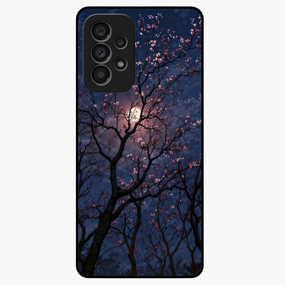 Twilight Sakura Serenade Glass Case showing flat back view with cherry blossom artwork at twilight and glossy glass finish.