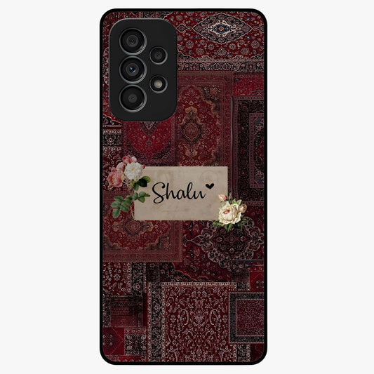 Velvet Wine Pattern Custom Name Glass Case showing flat back view with elegant wine colored pattern artwork and personalized name design.