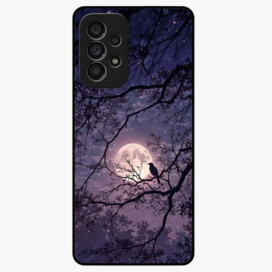 Whispering Moon Silence Glass Case showing flat back view with serene moon themed artwork and glossy glass finish.