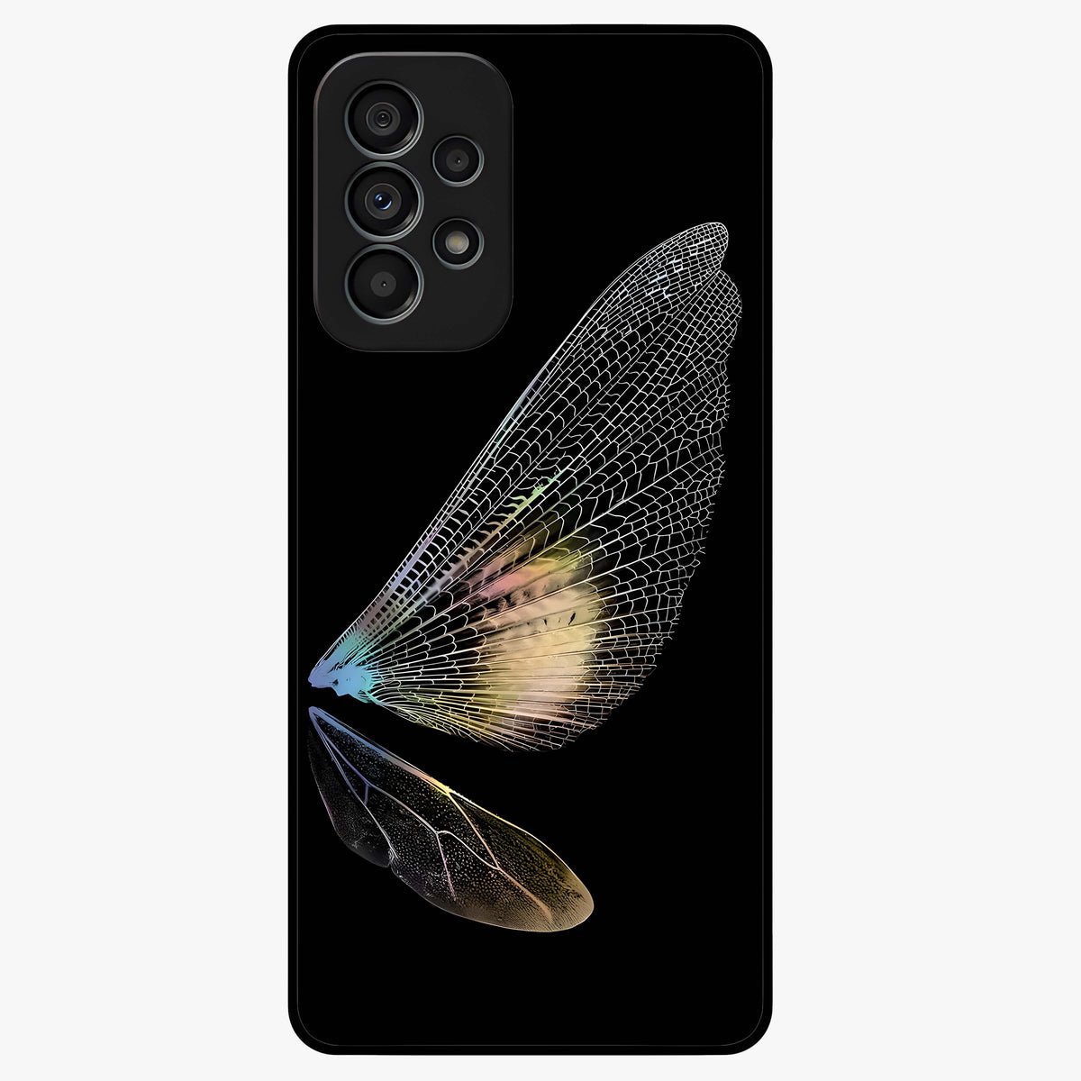 Whispers Of Wings Glass Case showing flat back view with graceful wing inspired artwork and glossy glass finish.