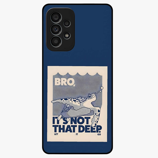 Worry Less Swim Glass Case showing flat back view with playful motivational artwork and glossy glass finish.