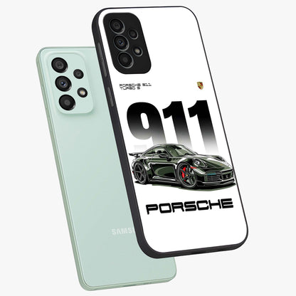911 Turbo Dominance Glass Case displayed in premium angled mockup highlighting sporty car illustration and sleek glass surface.