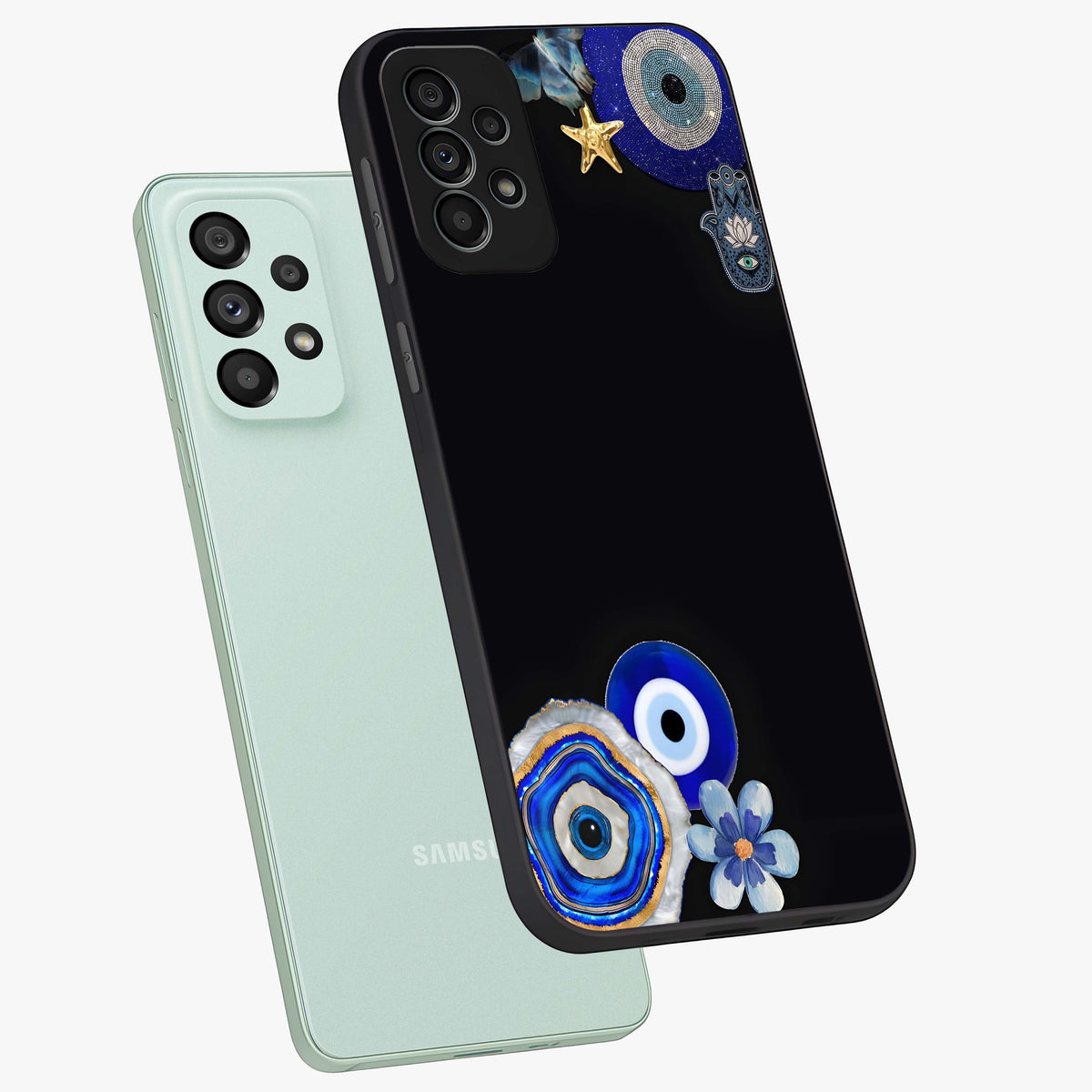Aesthetic Blue Evil Eye Glass Case displayed in angled mockup highlighting blue evil eye symbol and spiritual aesthetic design.