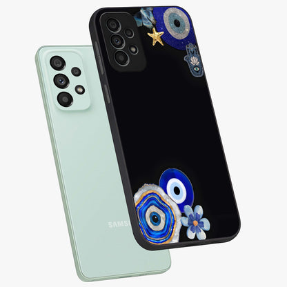 Aesthetic Blue Evil Eye Glass Case displayed in angled mockup highlighting blue evil eye symbol and spiritual aesthetic design.