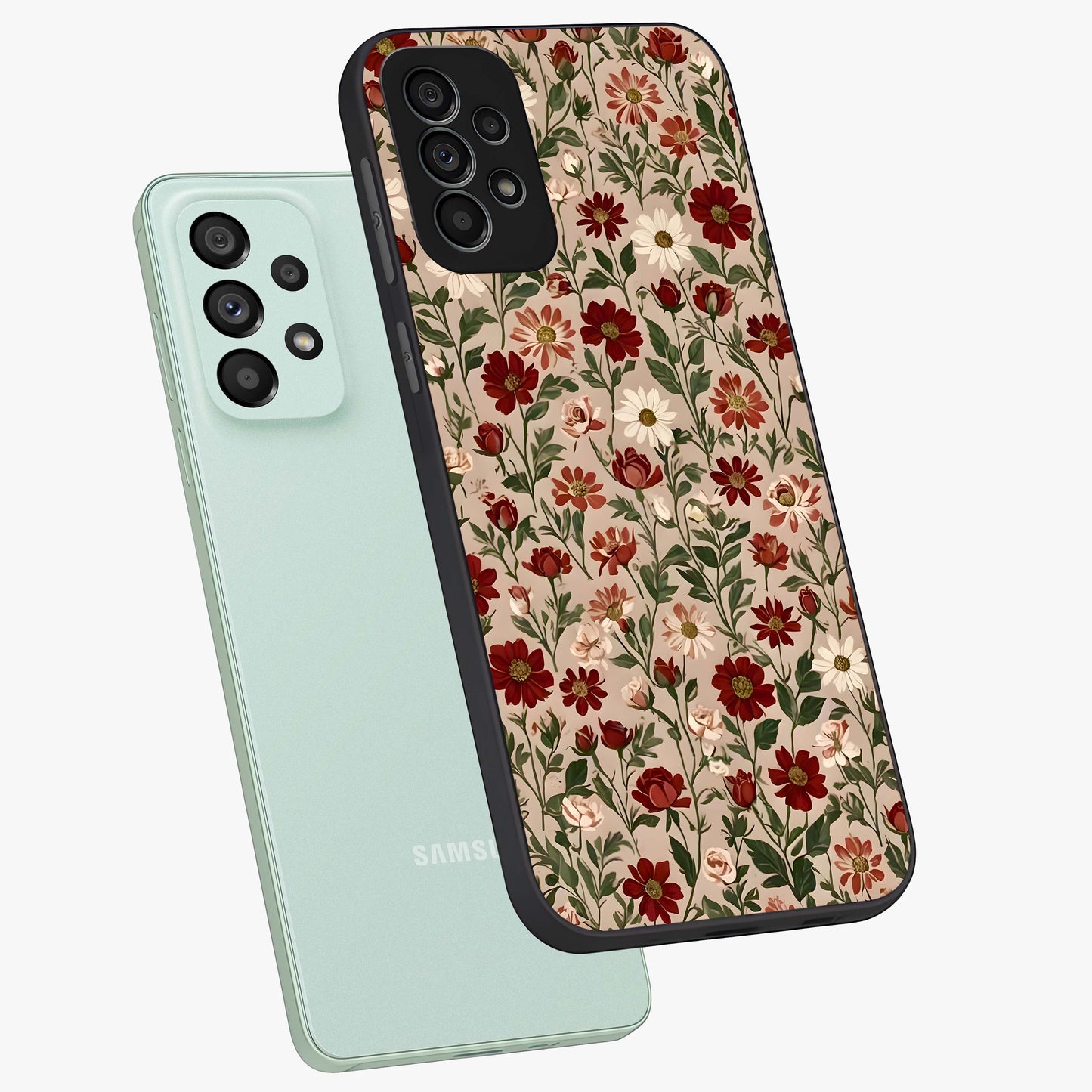 Biege Flower With Leaf Glass Case displayed in angled mockup highlighting minimal floral leaf design and elegant aesthetic.