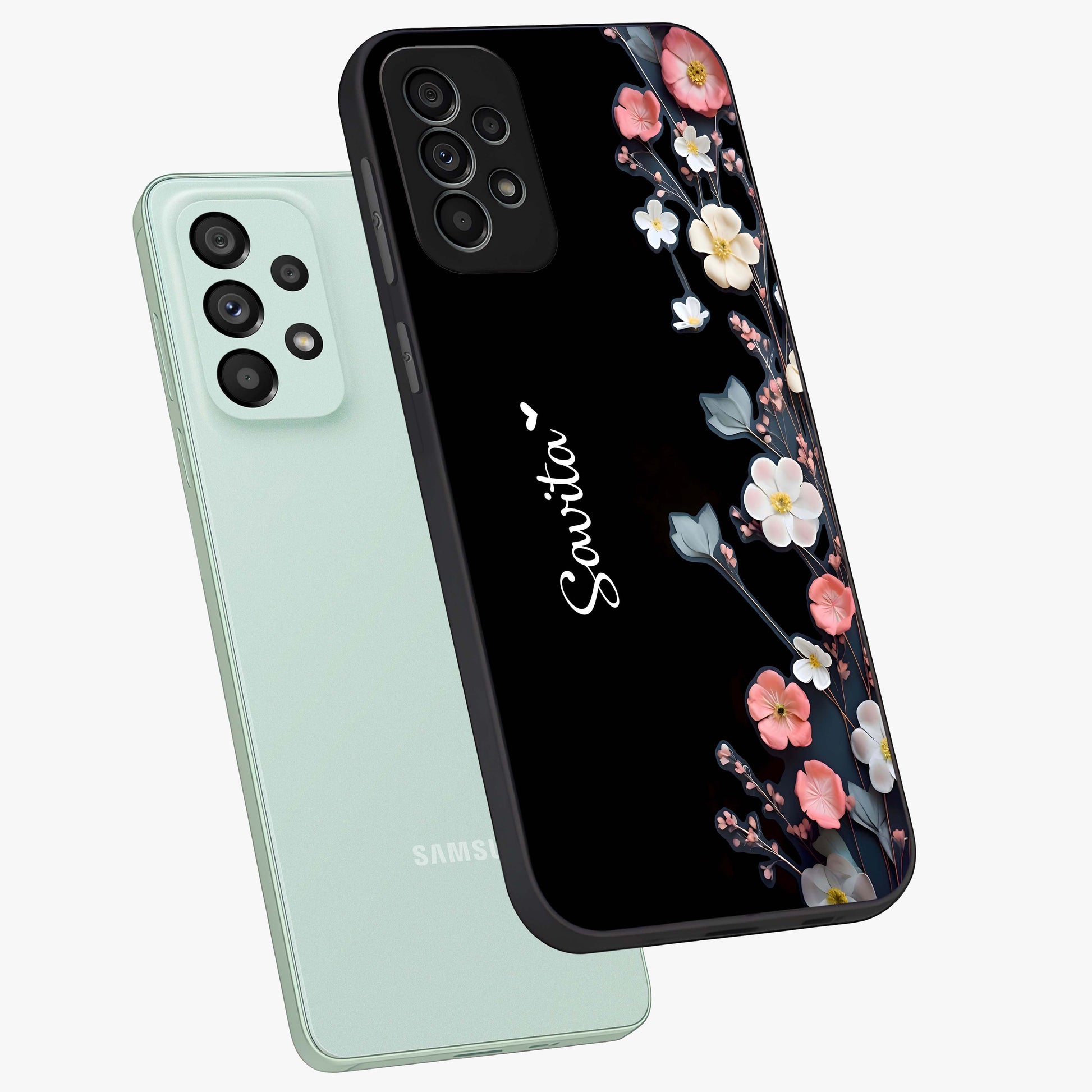 Black Elegance Floral Custom Name Glass Case displayed in angled mockup highlighting dark floral aesthetic and custom name feature.
