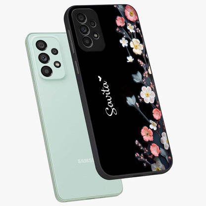 Black Elegance Floral Custom Name Glass Case displayed in angled mockup highlighting dark floral aesthetic and custom name feature.
