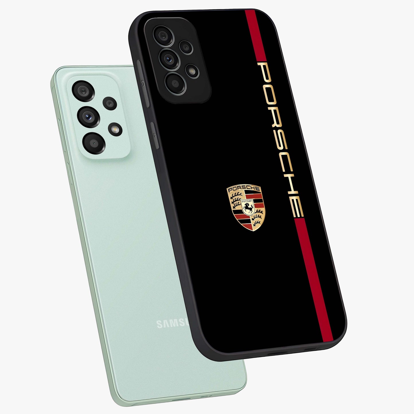 Black Minimal Porsche Glass Case displayed in angled mockup highlighting modern minimal car illustration and clean aesthetic design.