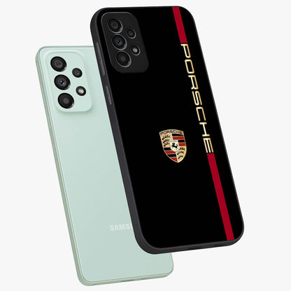 Black Minimal Porsche Glass Case displayed in angled mockup highlighting modern minimal car illustration and clean aesthetic design.